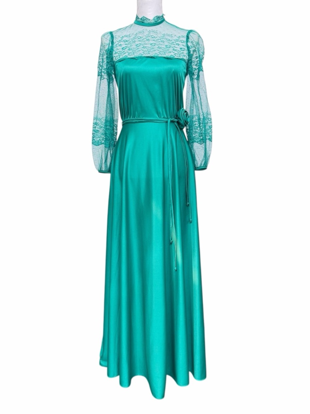 Vintage Emerald Lace Maxi Dress Romantic Sheer Sleeve Boho Cottagecore